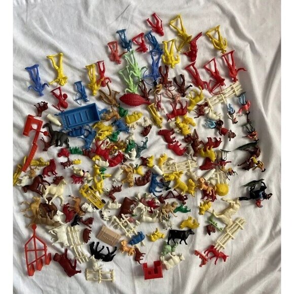 Vintage Rubber Plastic Cowboys Mix Indians Figure Collection LOT 1960's Animals - Picture 1 of 16